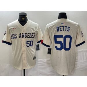 68631e37c2a3e_1 Men's Los Angeles Dodgers #50 Mookie Betts Cream Stitched Baseball Jersey