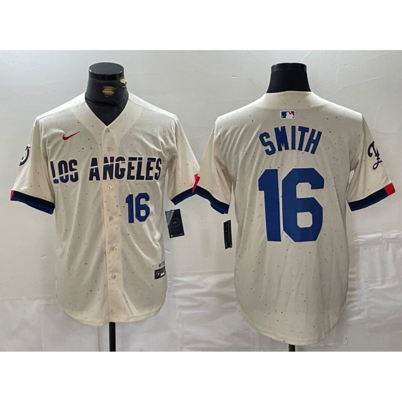 68631fbee07e0_1 Men's Los Angeles Dodgers #16 Will Smith Cream Stitched Baseball Jersey
