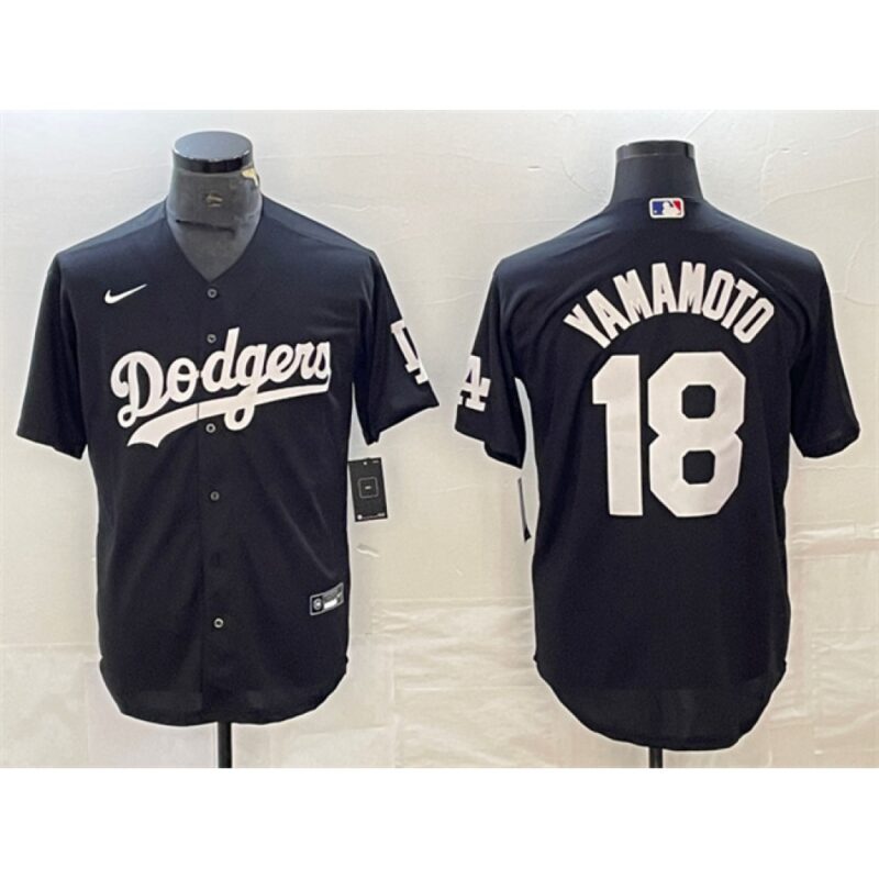 68631fc84cf6f_1 Men's Los Angeles Dodgers #18 Yoshinobu Yamamoto Black Cool Base Stitched Jersey