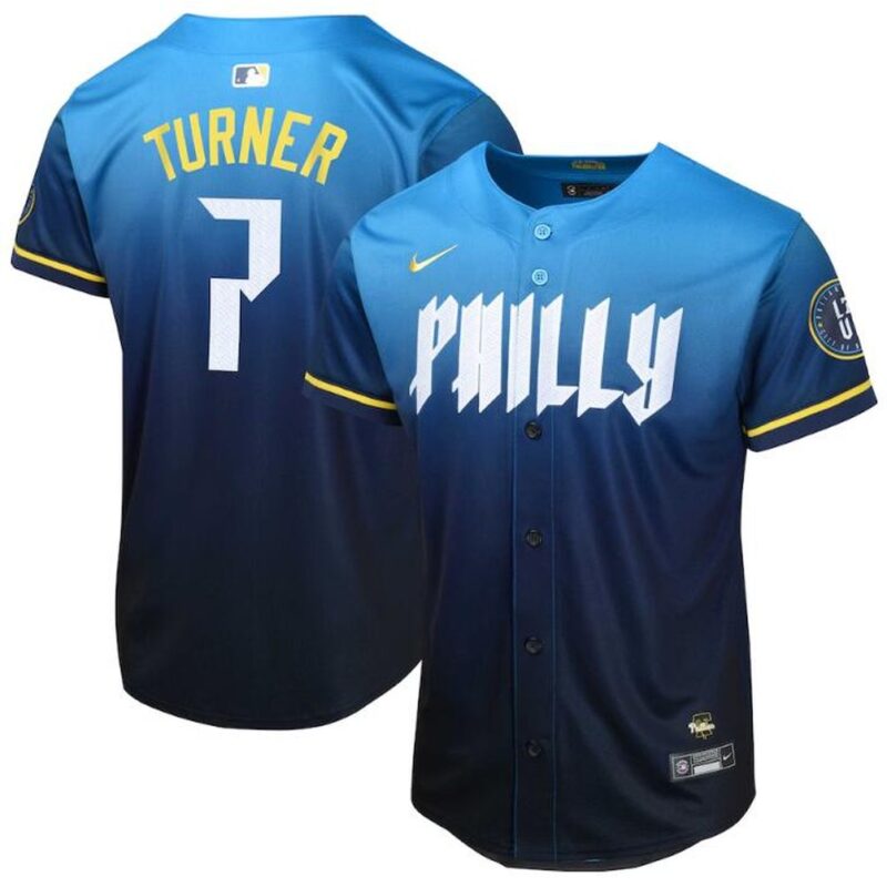 686320e4c7f85_1 Youth Philadelphia Phillies #7 Trea Turner Blue 2024 City Connect Limited Stitched Baseball Jersey