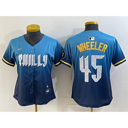 686321070d3c7_1 Women's Philadelphia Phillies #45 Zack Wheeler Blue 2024 City Connect Limited Stitched Baseball Jersey