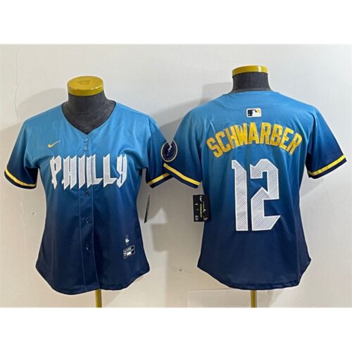 686321131f28a_1 Women's Philadelphia Phillies #12 Kyle Schwarber Blue 2024 City Connect Limited Stitched Baseball Jersey