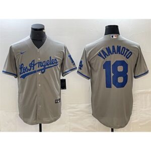 6863213f1eb97_1 Men's Los Angeles Dodgers #18 Yoshinobu Yamamoto Grey Cool Base With Patch Stitched Baseball Jersey