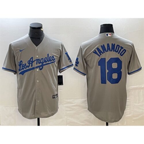 6863213f1eb97_1 Men's Los Angeles Dodgers #18 Yoshinobu Yamamoto Grey Cool Base With Patch Stitched Baseball Jersey