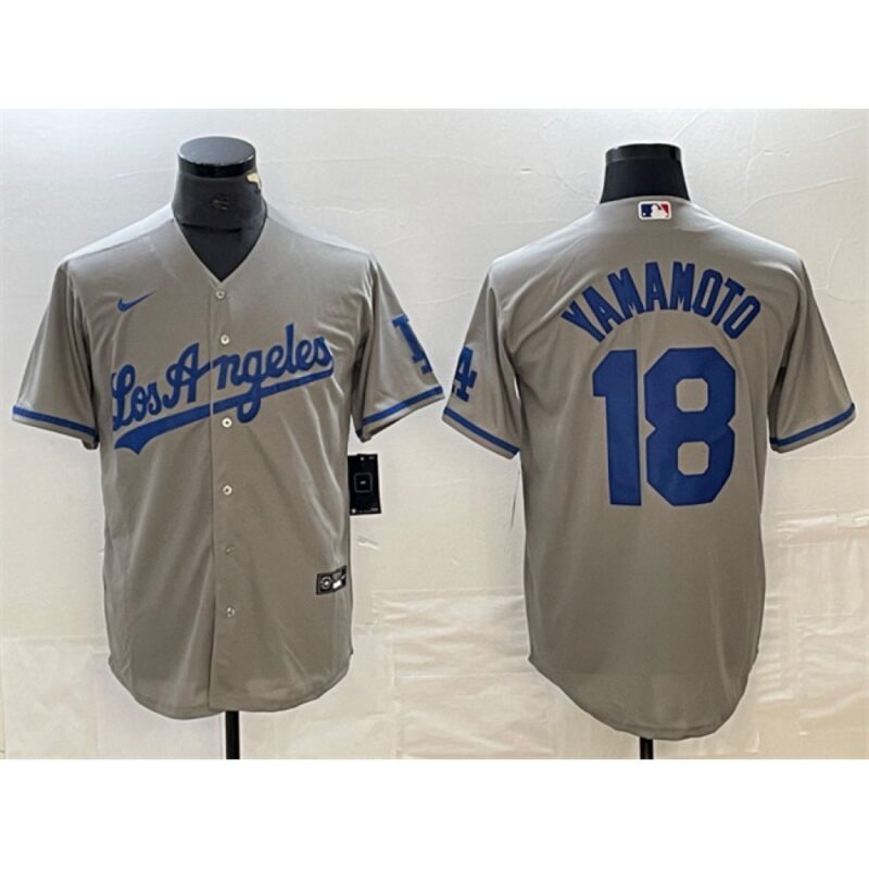 6863213f1eb97_1 Men's Los Angeles Dodgers #18 Yoshinobu Yamamoto Grey Cool Base With Patch Stitched Baseball Jersey
