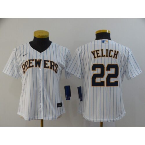 68632191e96fe_1 Women's Milwaukee Brewers #22 Christian Yelich White Cool Base Stitched MLB Jersey(Run Small)