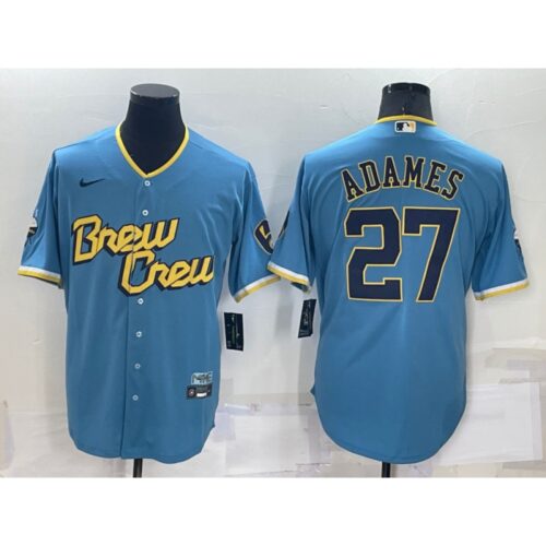 686321bfd3500_1 Men's Milwaukee Brewers #27 Willy Adames 2022 Powder Blue City Connect Cool Base Stitched Jersey