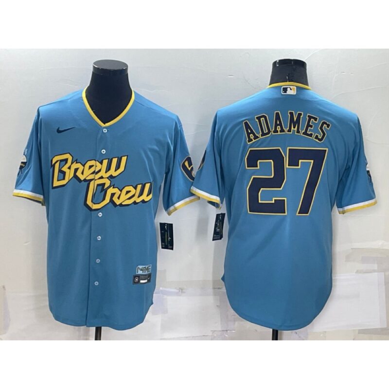 686321bfd3500_1 Men's Milwaukee Brewers #27 Willy Adames 2022 Powder Blue City Connect Cool Base Stitched Jersey