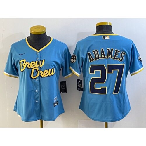 686321c30ee2b_1 Women's Milwaukee Brewers #27 Willy Adames 2022 Powder Blue City Connect Cool Base Stitched Jersey(Run Small)