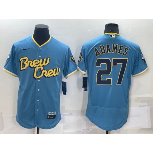 686321c592e57_1 Men's Milwaukee Brewers #27 Willy Adames 2022 Powder Blue City Connect Flex Base Stitched Jersey