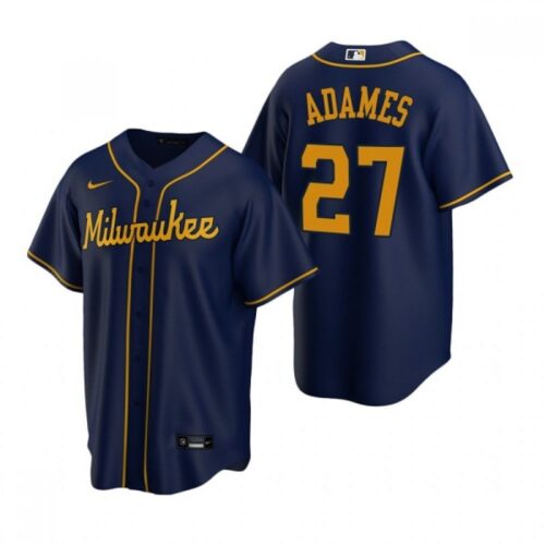 686321cbb8bc4_1 Men's Milwaukee Brewers #27 Willy Adames Navy Cool Base Stitched Jersey