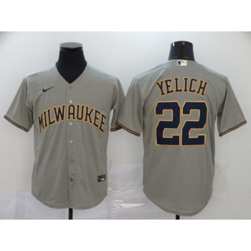 686321f0cfee3_1 Men's Milwaukee Brewers #22 Christian Yelich Grey Cool Base Stitched MLB Jersey