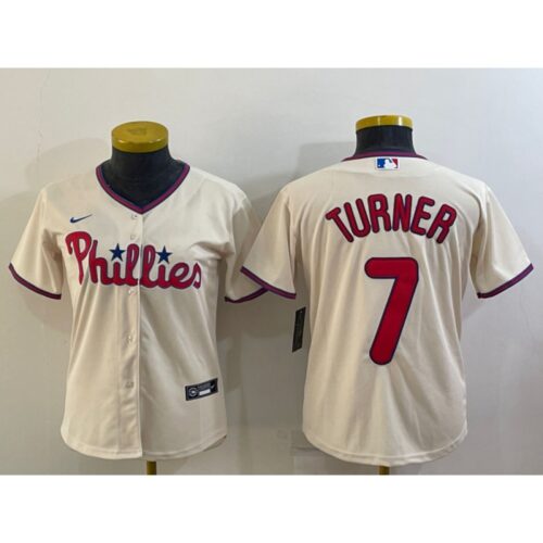6863226b63f74_1 Women's Philadelphia Phillies #7 Trea Turner Cream Cool Base Stitched Baseball Jersey(Run Small)