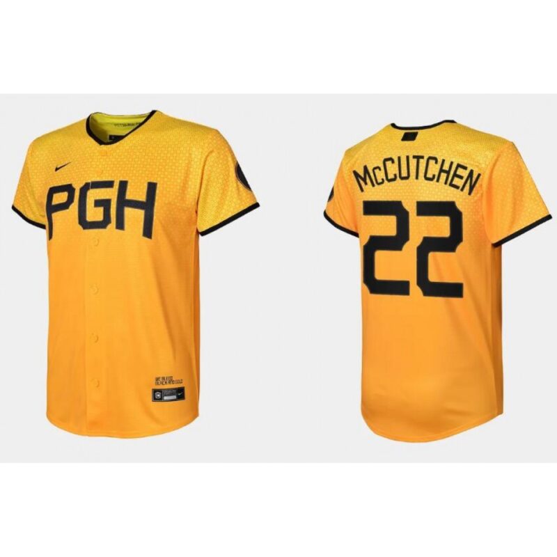 6863229fe8bc8_1 Youth Pittsburgh Pirates #22 Andrew McCutchen Gold 2023 City Connect Stitched Jersey