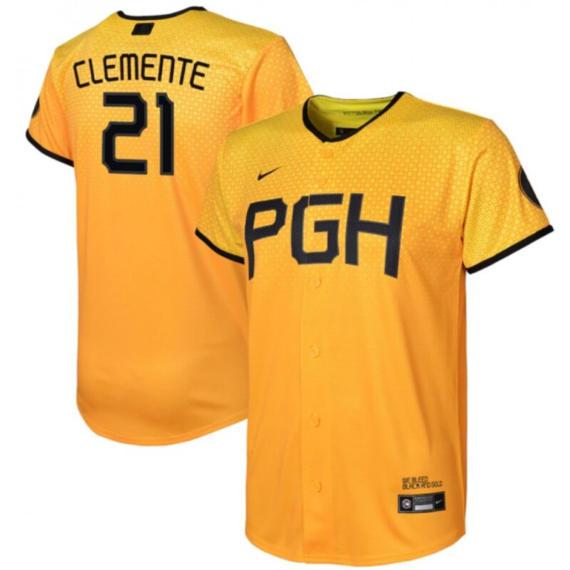 686322b835d1b_1 Youth Pittsburgh Pirates #21 Roberto Clemente Gold 2023 City Connect Stitched Jersey
