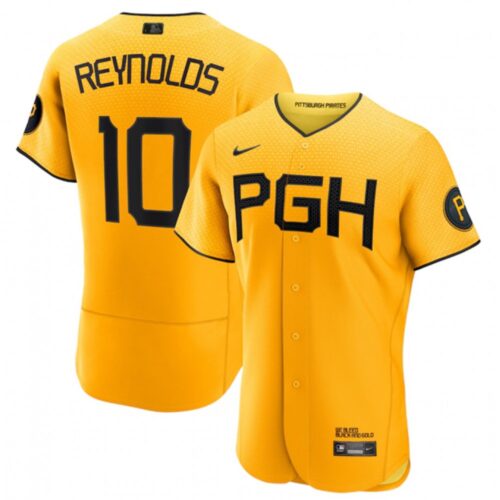 686322c55f39a_1 Men's Pittsburgh Pirates #10 Bryan Reynolds Gold 2023 City Connect Flex Base Stitched Jersey