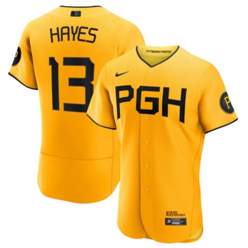 686322caa9d91_1 Men's Pittsburgh Pirates #13 Ke'Bryan Hayes Gold 2023 City Connect Flex Base Stitched Jersey