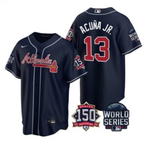 686327019cbeb_1 Youth Atlanta Braves #13 Ronald Acuna Jr 2021 Navy World Series Champions With 150th Anniversary Cool Base Stitched Jersey