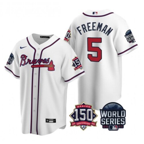 6863271300169_1 Men's Atlanta Braves #5 Freddie Freeman 2021 White World Series With 150th Anniversary Patch Cool Base Stitched Jersey