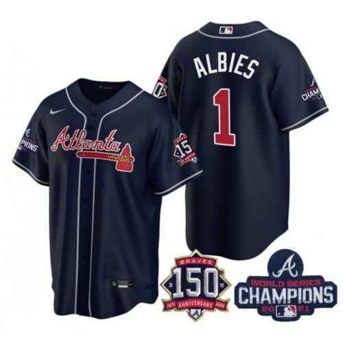 6863271924ad2_1 Women's Atlanta Braves #1 Ozzie Albies Navy World Series Champions With 150th Anniversary Patch Cool Base Stitched Jersey(Run Small)