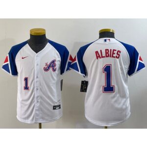 6863271baf142_1 Women's Atlanta Braves #1 Ozzie Albies White 2023 City Connect With Patch Stitched Baseball Jersey(Run Small)