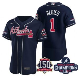 68632720d477f_1 Men's Atlanta Braves #1 Ozzie Albies 2021 Navy World Series Champions With 150th Anniversary Flex Base Stitched Jersey