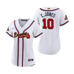 6863272c3acbf_1 Women's Atlanta Braves #10 Chipper Jones 2022 White/Gold World Series Champions Program Stitched Jersey(Run Small)