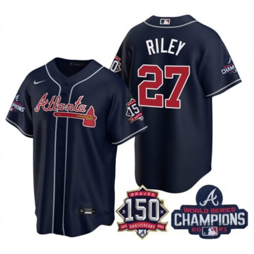 68632734c3191_1 Women's Atlanta Braves #27 Austin Riley 2021 Navy World Series Champions With 150th Anniversary Patch Cool Base Stitched Jersey(Run Small)