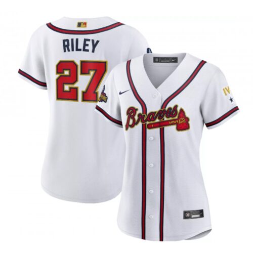 686327379932a_1 Women's Atlanta Braves #27 Austin Riley 2022 White/Gold World Series Champions Program Stitched Jersey(Run Small)