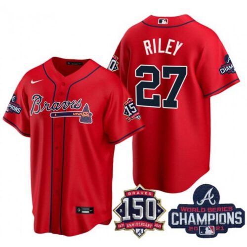 6863273f5df48_1 Men's Atlanta Braves #27 Austin Riley 2021 Red World Series Champions With 150th Anniversary Patch Cool Base Stitched Jersey