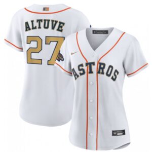 6863282a91cc1_1 Women's Houston Astros #27 Jose Altuve White 2023 Gold Collection With World Serise Champions Patch Stitched Jersey(Run Small)