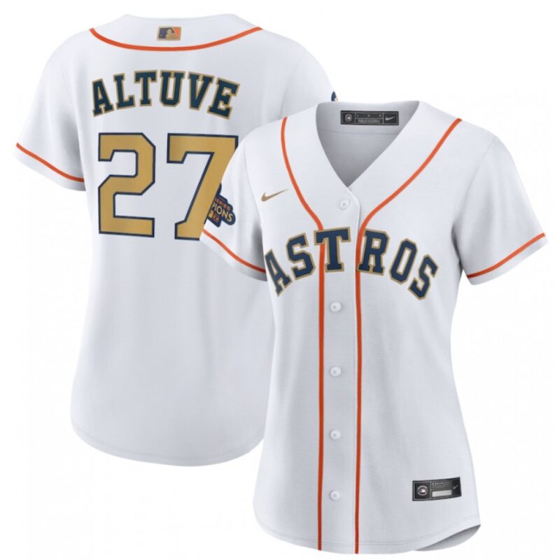 6863282a91cc1_1 Women's Houston Astros #27 Jose Altuve White 2023 Gold Collection With World Serise Champions Patch Stitched Jersey(Run Small)