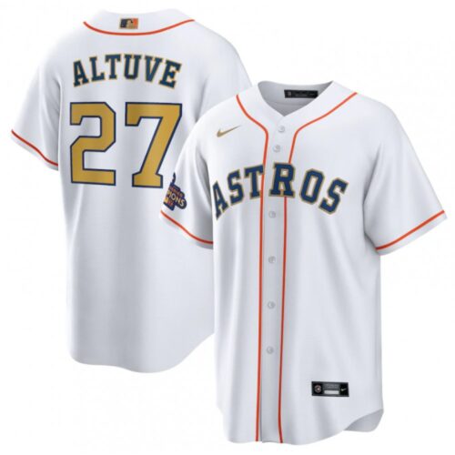 68632834e6ecb_1 Youth Houston Astros #27 Jose Altuve White 2023 Gold Collection With World Serise Champions Patch Stitched Baseball Jersey
