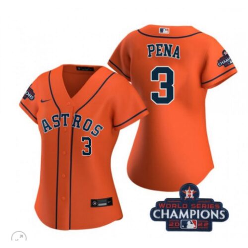 6863284617052_1 Women's Houston Astros #3 Jeremy Pena Orange 2022 World Series Champions With No. in Front Stitched Baseball Jersey(Run Small)