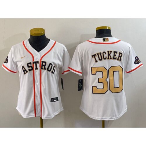 68632896976aa_1 Women's Houston Astros #30 Kyle Tucker White 2023 Gold Collection With World Serise Champions Patch Stitched Jersey(Run Small)