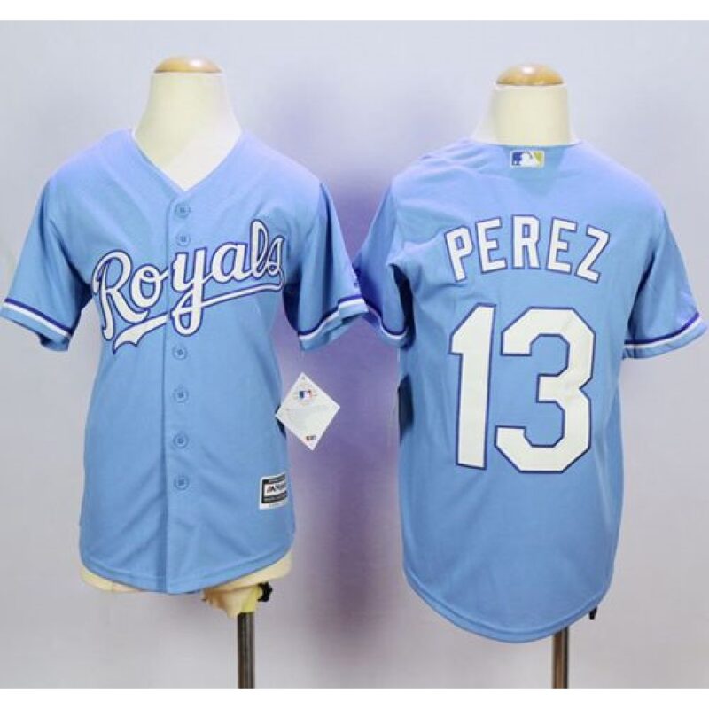 686328d474bdf_1 Royals #13 Salvador Perez Light Blue Cool Base Alternate 1 Stitched Youth MLB Jersey