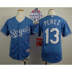 686328d71a4a5_1 Royals #13 Salvador Perez Light Blue Cool Base Alternate 1 W/2015 World Series Patch Stitched Youth MLB Jersey