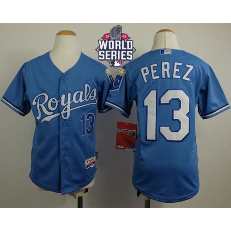 686328d71a4a5_1 Royals #13 Salvador Perez Light Blue Cool Base Alternate 1 W/2015 World Series Patch Stitched Youth MLB Jersey