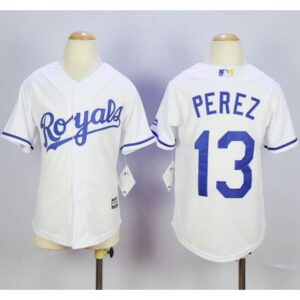 686328d9aac0b_1 Royals #13 Salvador Perez White Cool Base Stitched Youth MLB Jersey