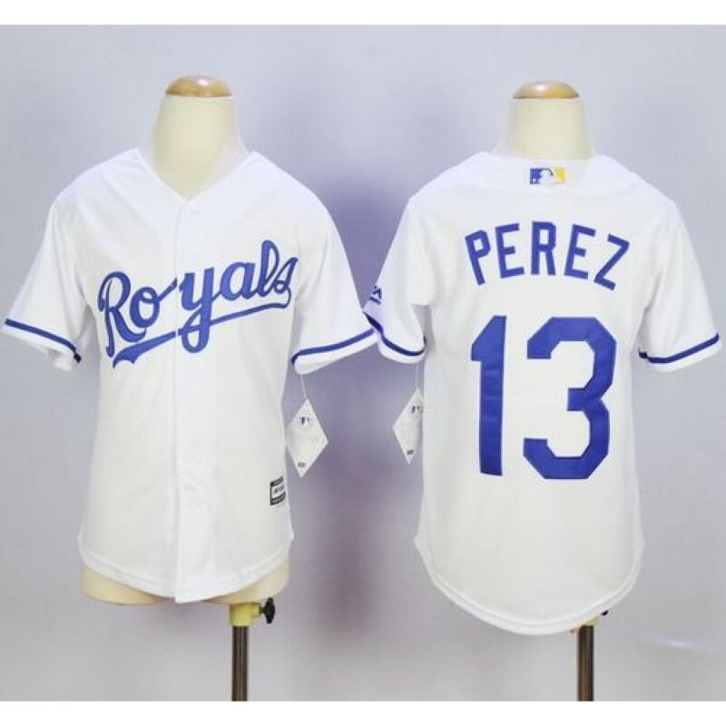 686328d9aac0b_1 Royals #13 Salvador Perez White Cool Base Stitched Youth MLB Jersey