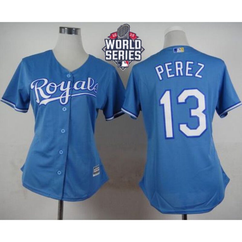 686328debcdfb_1 Royals #13 Salvador Perez Light Blue Alternate 1 W/2015 World Series Patch Women's Stitched MLB Jersey