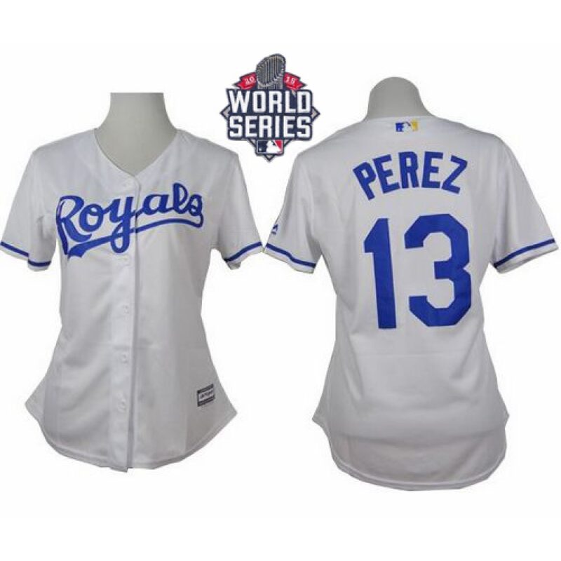686328e168791_1 Royals #13 Salvador Perez White Home W/2015 World Series Patch Women's Stitched MLB Jersey