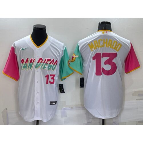 686329784b92d_1 Men's San Diego Padres #13 Manny Machado 2022 White City Connect Cool Base Stitched Jersey