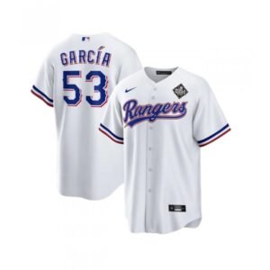 Youth Texas Rangers #53 Adolis Garcia White 2023 World Series Stitched Baseball Jersey