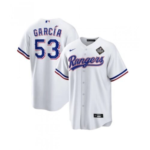 Youth Texas Rangers #53 Adolis Garcia White 2023 World Series Stitched Baseball Jersey