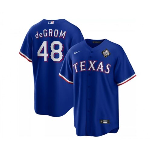 686329b9c1c02_1 Men's Texas Rangers #48 Jacob deGrom Royal 2023 World Series Cool Base Stitched Baseball Jersey