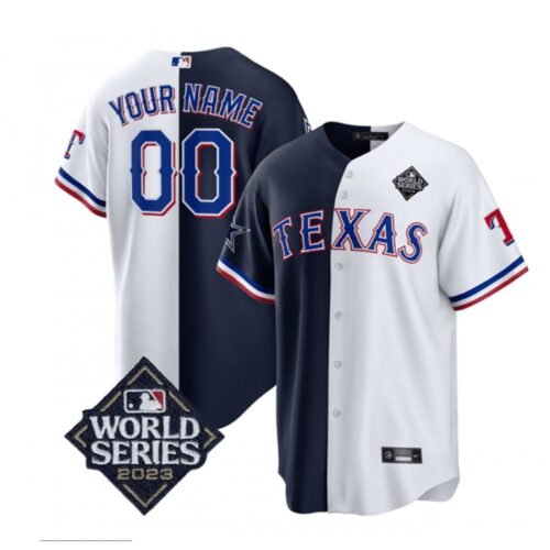 68632a7bc383c_1 Men's Texas Rangers & Cowboys ACTIVE Player Custom Navy/White Splite 2023 World Series Splite Stitched Baseball Jersey