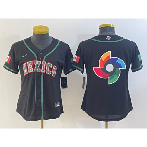 68632eada72bf_1 Youth Mexico Baseball Blank 2023 Black World Baseball Classic Big Logo in Back Stitched Jersey