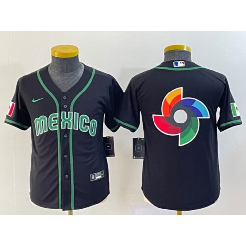 68632eb74e6a0_1 Youth Mexico Baseball 2023 Black Big Logo World Baseball Classic Stitched Jersey