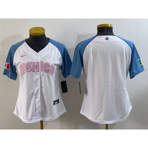 68632ecf8e495_1 Youth Mexico Baseball Blank 2023 White Blue World Baseball Classic Stitched Jersey